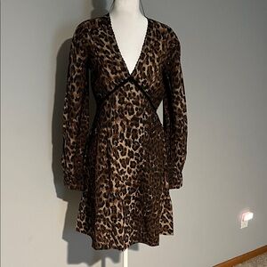 Leopard Print Long Sleeve V-Neck Dress - Brown